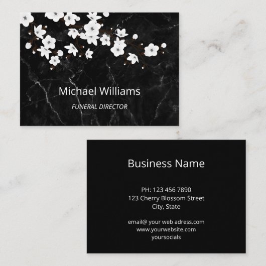 White Cherry Blossom Black Marble Undertaker Visitekaartje (Voorkant / Achterkant)