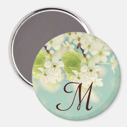 White Cherry Blossom Flowe Monogram Initiaal Magne Magneet (Voorkant / Achterkant)