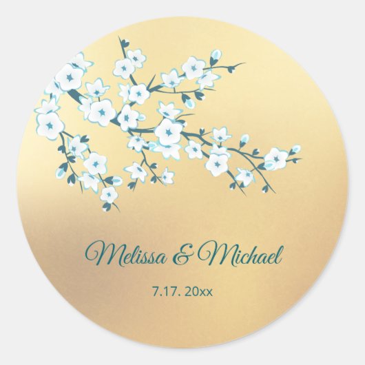 White Cherry Blossom Gold Ronde Sticker (Voorkant)