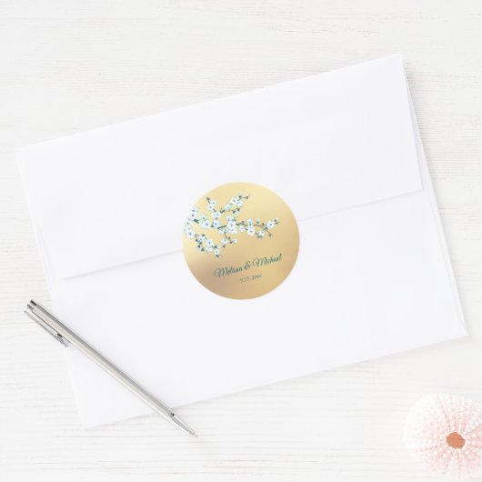 White Cherry Blossom Gold Ronde Sticker (Envelop)