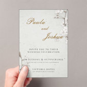 White Cherry Blossom & Gold Script Elegant Wedding Acryl Uitnodigingen (Insitu (Draagbaar))