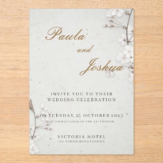 White Cherry Blossom & Gold Script Elegant Wedding Acryl Uitnodigingen (Voorkant)