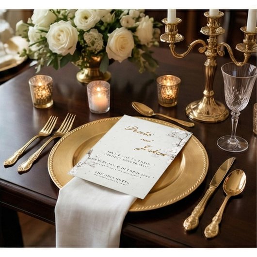 White Cherry Blossom & Gold Script Elegant Wedding Kaart