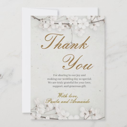 White Cherry Blossom & Gold Script Wedding Bedankkaart (Voorkant)