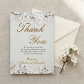 White Cherry Blossom & Gold Script Wedding Bedankkaart