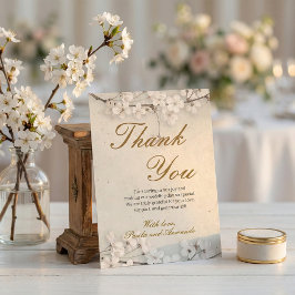 White Cherry Blossom & Gold Script Wedding Bedankkaart