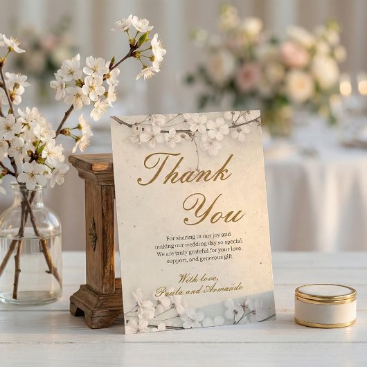 White Cherry Blossom & Gold Script Wedding Bedankkaart