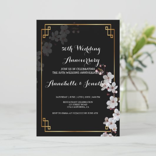 white Cherry Blossom &golden FWedding Jubileum Kaart (Staand voorkant)