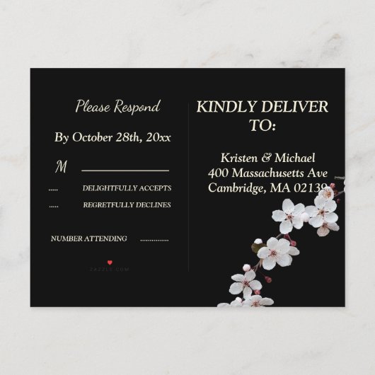 white Cherry Blossom &golden Lijst RSVP Uitnodiging Briefkaart (Achterkant)