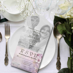 White Cherry Blossom Mauve Foto QR Code Website All In One Uitnodiging