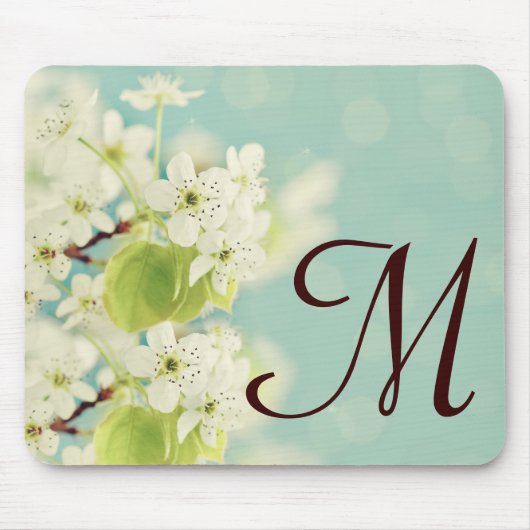 White Cherry Blossom Monogram Initiaal Muismat (Voorkant)