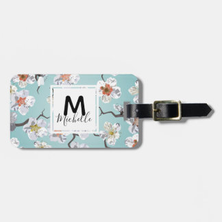 White Cherry Blossom Monogram Name Bagagelabel