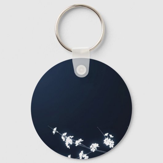 White Cherry Blossom Navy Background Sleutelhanger (Voorkant)