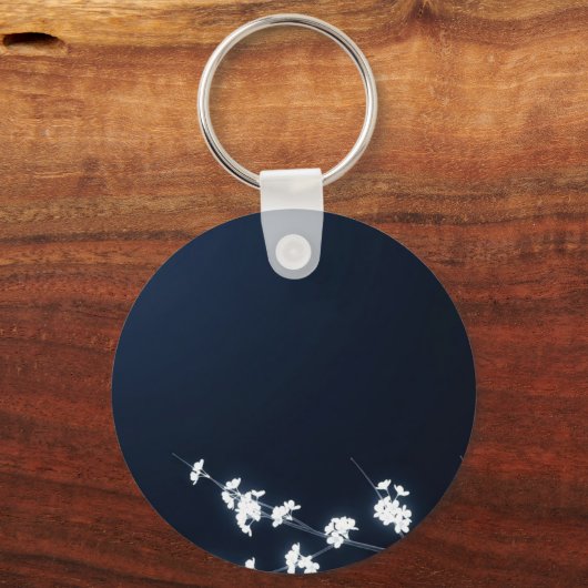 White Cherry Blossom Navy Background Sleutelhanger (Achterkant)