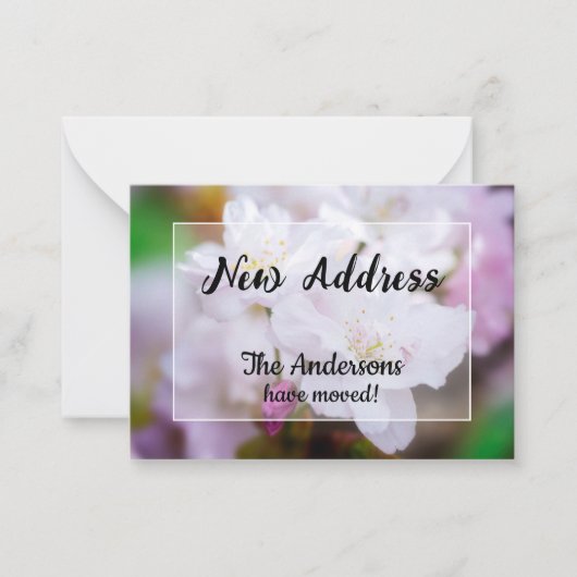 White Cherry Blossom Nieuwe Adresaankondiging Notitiekaartje (Voorkant)