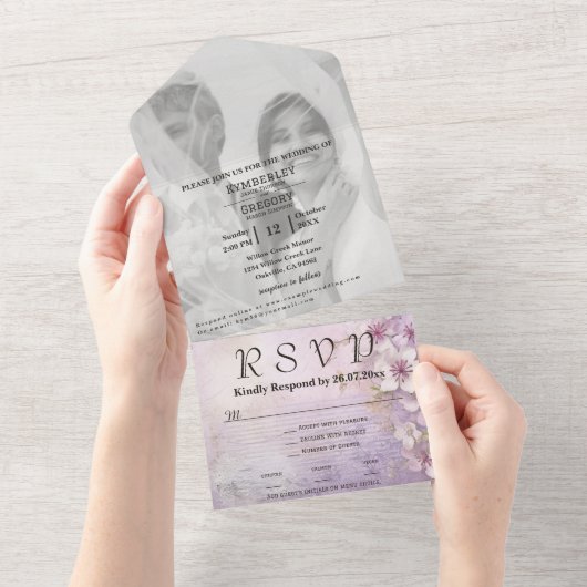 White Cherry Blossom op Mauve Paarse foto website All In One Uitnodiging (Afscheurbaar)