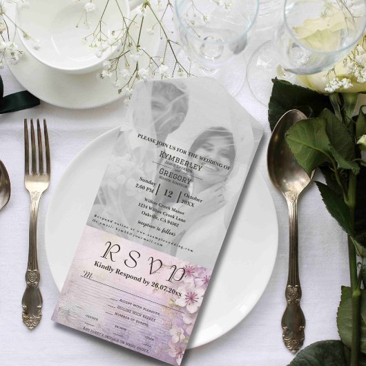 White Cherry Blossom op Mauve Paarse foto website All In One Uitnodiging