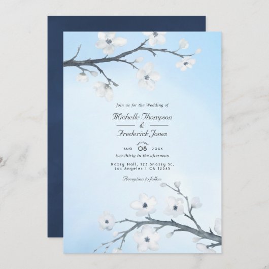 White Cherry Blossom QR Code RSVP Weddenschap Kaart (Voorkant / Achterkant)