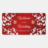 White Cherry Blossom Red Chinese bruiloft Spandoek (Horizontaal)