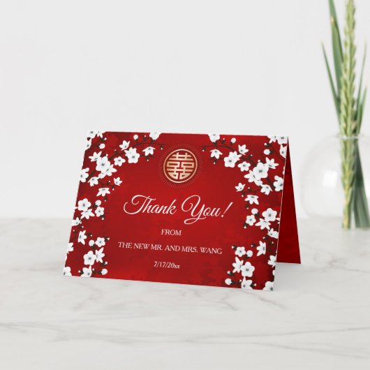 White Cherry Blossom Red Chinese Weddenschap Bedan Bedankkaart (Voorkant)