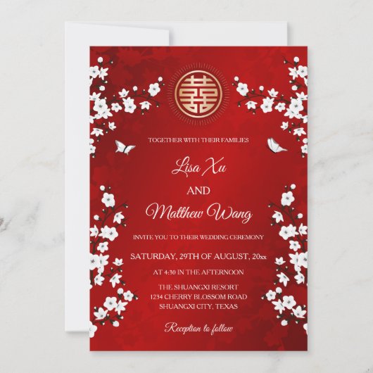 White Cherry Blossom | Rode Chinese bruiloft Kaart (Voorkant)
