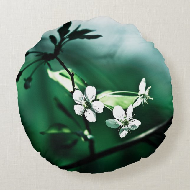 White Cherry Blossom Rond Kussen (Achterkant)