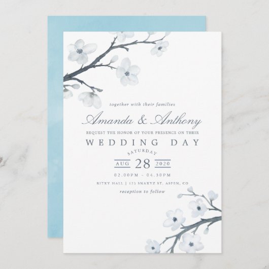 White Cherry Blossom Wedding Invitation Kaart (Voorkant / Achterkant)