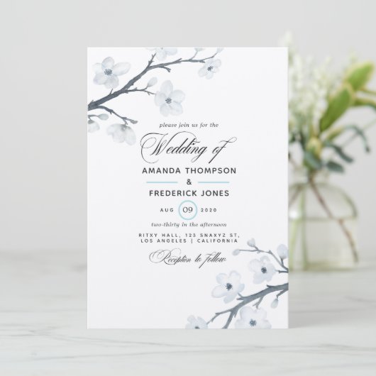 White Cherry Blossom Wedding Invitation Kaart (Staand voorkant)