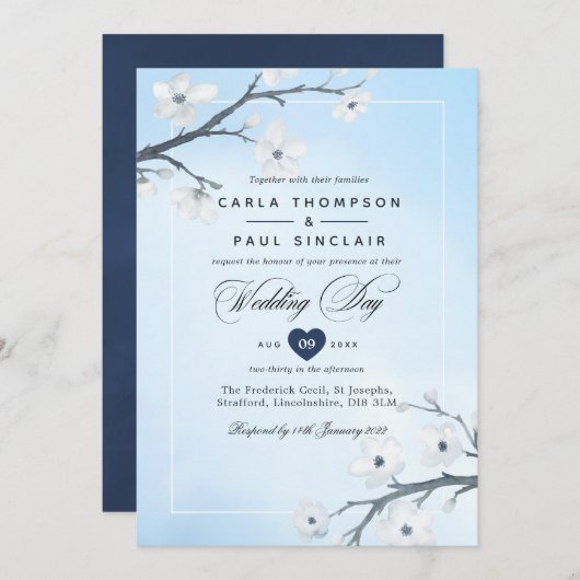 White Cherry Blossom Wedding Invitation Kaart (Voorkant / Achterkant)