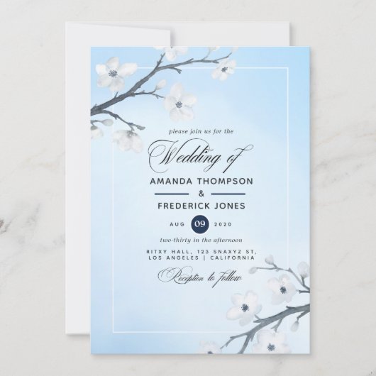 White Cherry Blossom Wedding Invitation Kaart (Voorkant)