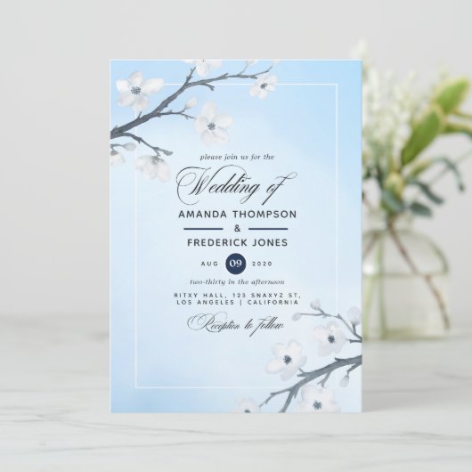White Cherry Blossom Wedding Invitation Kaart (Staand voorkant)