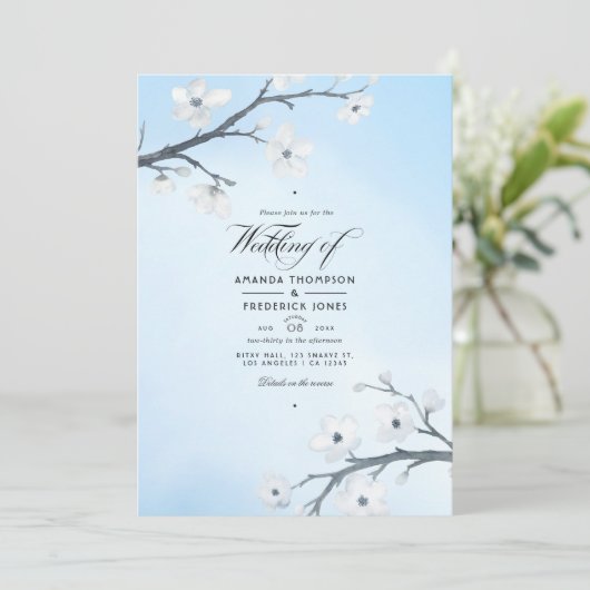 White Cherry Blossom Wedding Invitation Kaart (Staand voorkant)