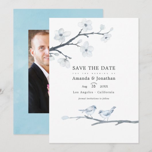 White Cherry Blossom Wedding Photo Save The Date (Voorkant / Achterkant)