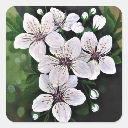 White Cherry Flowers Art in acryl Vierkante Sticker (Voorkant)
