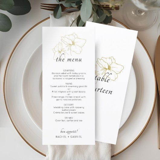 White | Chic Faux Gold Floral Wedding  Menu