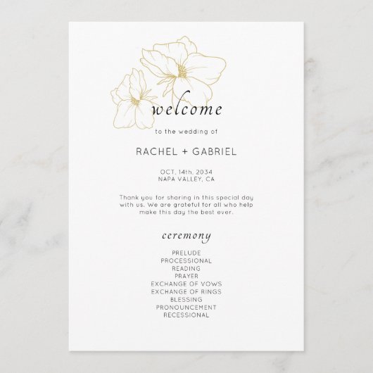 White | Chic Faux Gold Floral Wedding  Programmakaart (Voorkant)