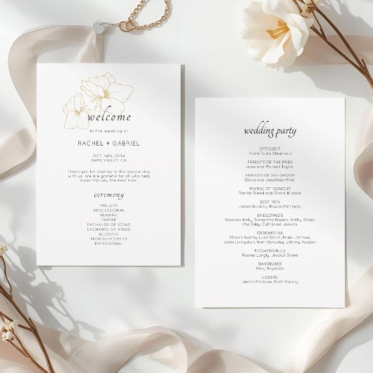 White | Chic Faux Gold Floral Wedding  Programmakaart