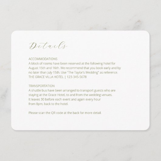 White | Chic Script Wedding Detail QR Code  Informatiekaartje (Voorkant)