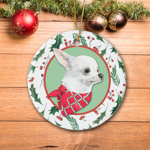 White Chihuahua Dog Holly Border Keramisch Ornament