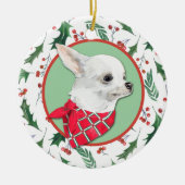 White Chihuahua Dog Holly Border Keramisch Ornament (Voorkant)