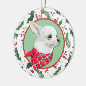 White Chihuahua Dog Holly Border Keramisch Ornament (Links)