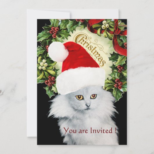 WHITE CHRISTMAS CAT MET SANTA CLAUS PET KAART (Voorkant)
