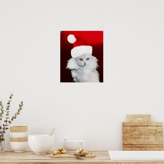 WHITE CHRISTMAS CAT MET SANTA CLAUS PET, Red Ruby Poster (Keuken)