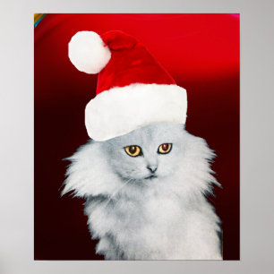 WHITE CHRISTMAS CAT MET SANTA CLAUS PET, Red Ruby Poster