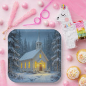 White Christmas Chapel In Winter Pines Papieren Bordje (Feest)