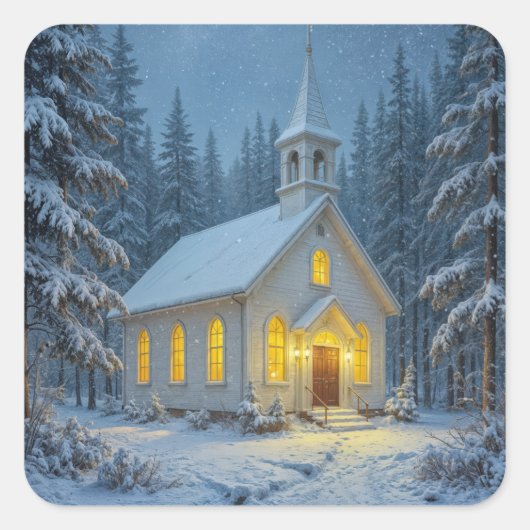White Christmas Chapel In Winter Pines Vierkante Sticker (Voorkant)