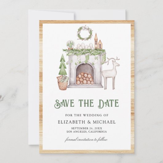 White Christmas Fireplace Photo Wedding Save The Date (Voorkant)
