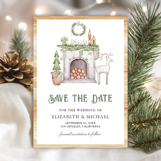 White Christmas Fireplace Photo Wedding Save The Date