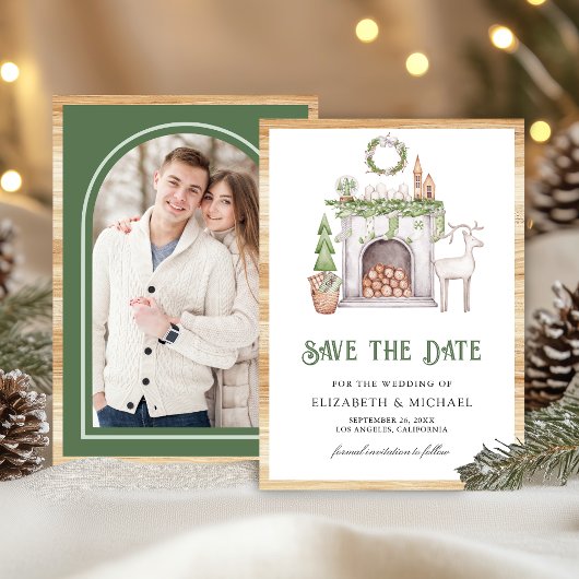 White Christmas Fireplace Photo Wedding Save The Date