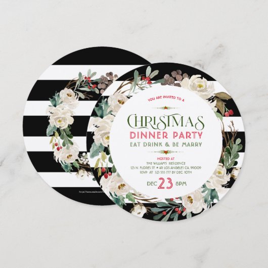 White Christmas Flowers Wreath & Stripes Pattern Kaart (Voorkant / Achterkant)